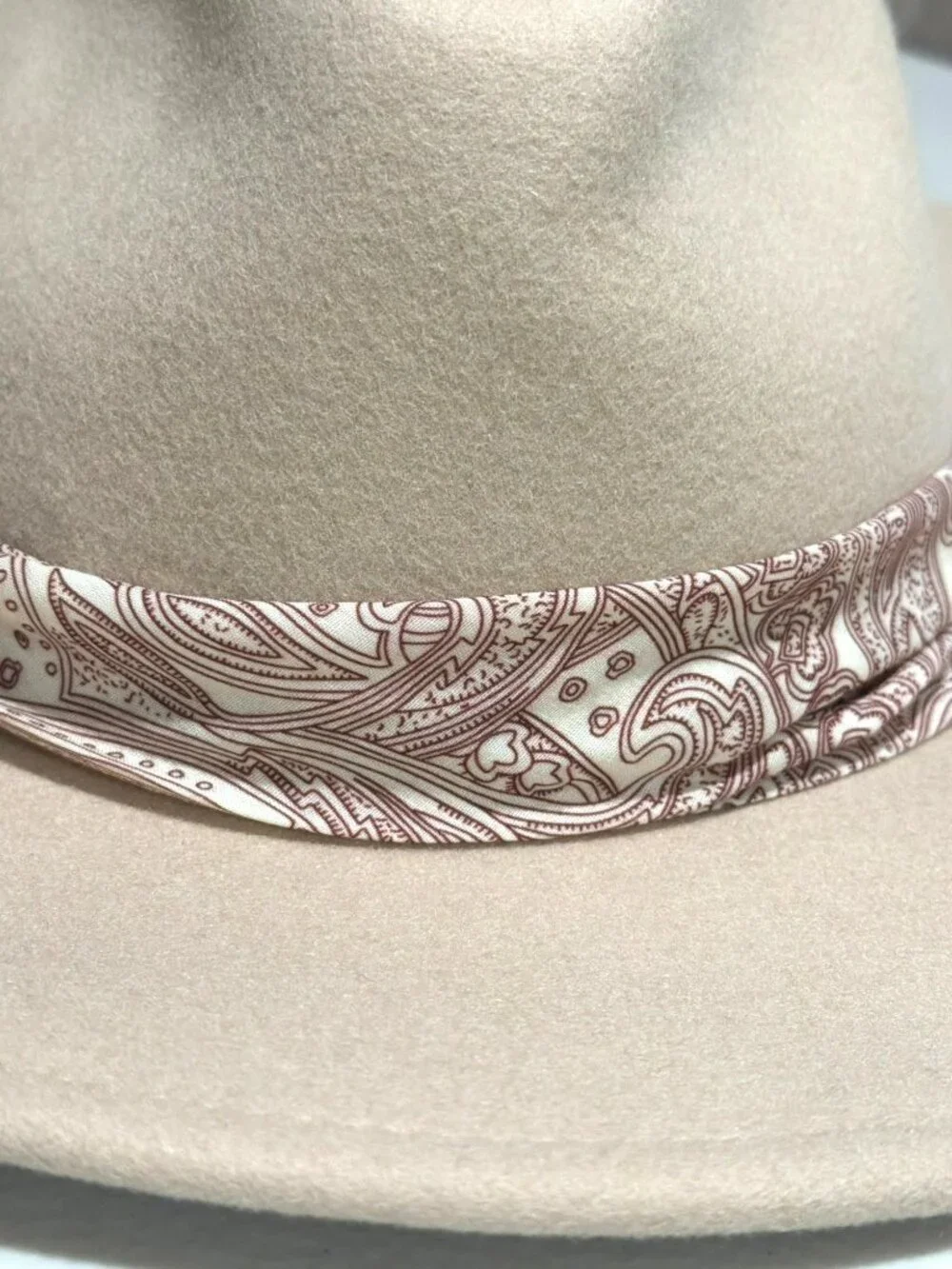 Wyeth Beige Wool Hat With Paisley Scarf Detail Wide Brim New